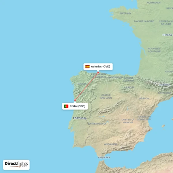 Asturias - Porto direct flight map