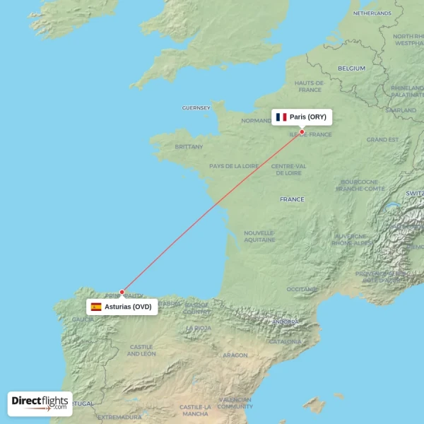 Asturias - Paris direct flight map