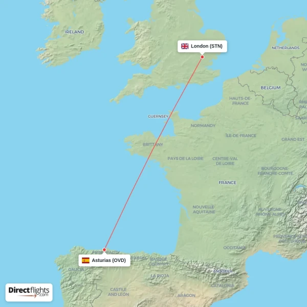Asturias - London direct flight map