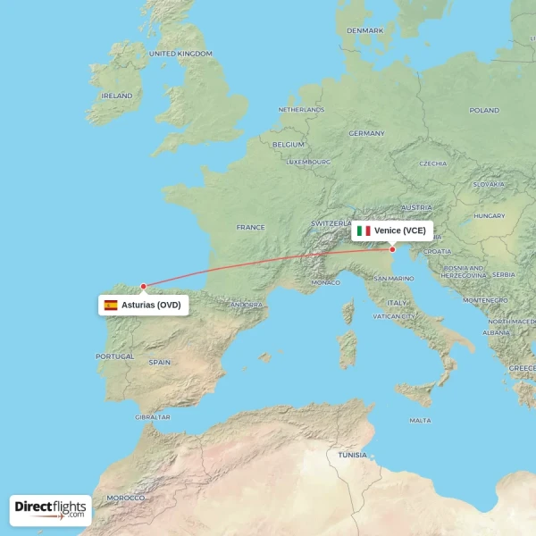 Asturias - Venice direct flight map