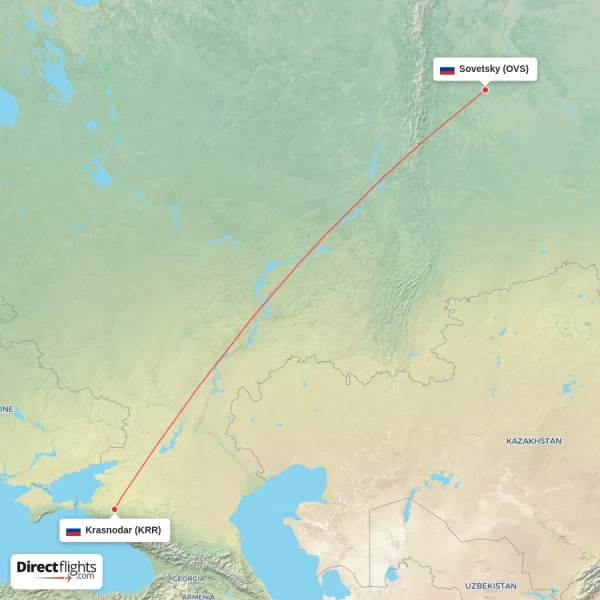Sovetsky - Krasnodar direct flight map