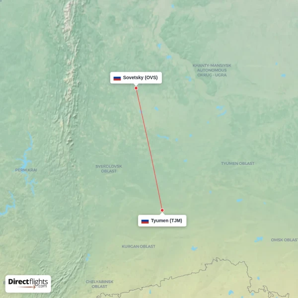 Sovetsky - Tyumen direct flight map