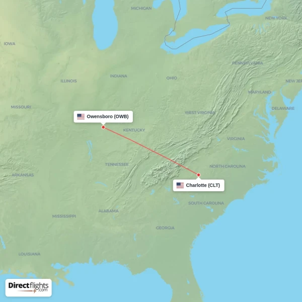 Owensboro - Charlotte direct flight map