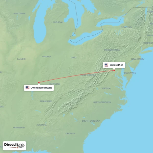Owensboro - Dulles direct flight map