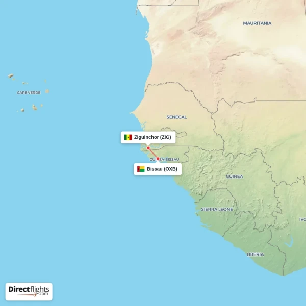 Bissau - Ziguinchor direct flight map