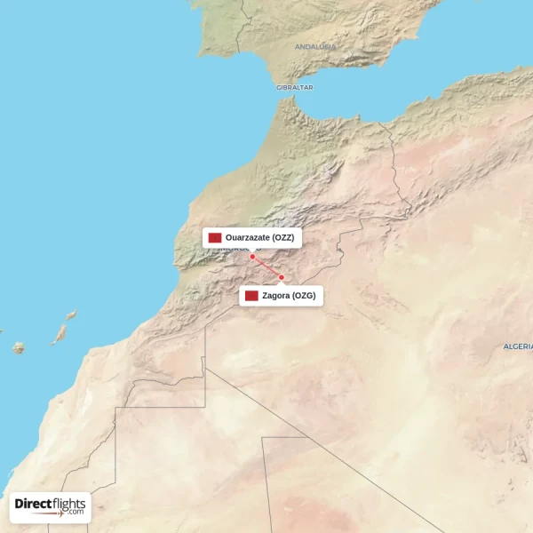 Zagora - Ouarzazate direct flight map