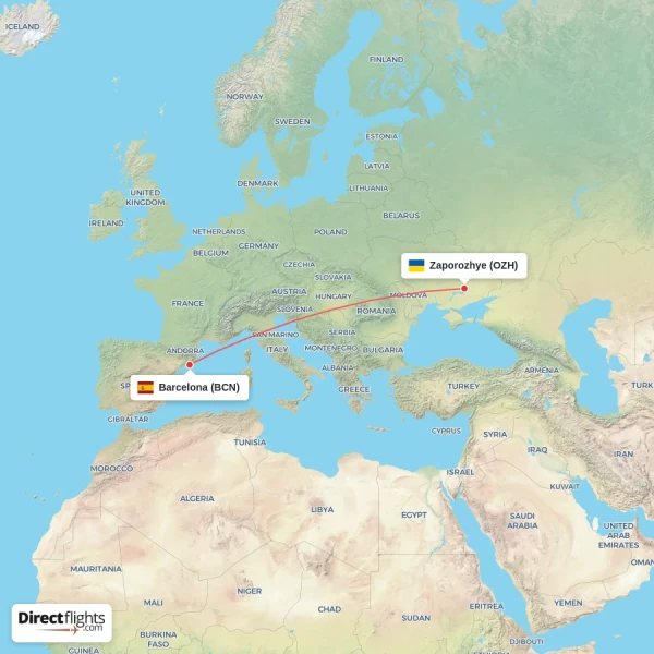 Zaporozhye - Barcelona direct flight map