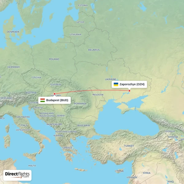 Zaporozhye - Budapest direct flight map
