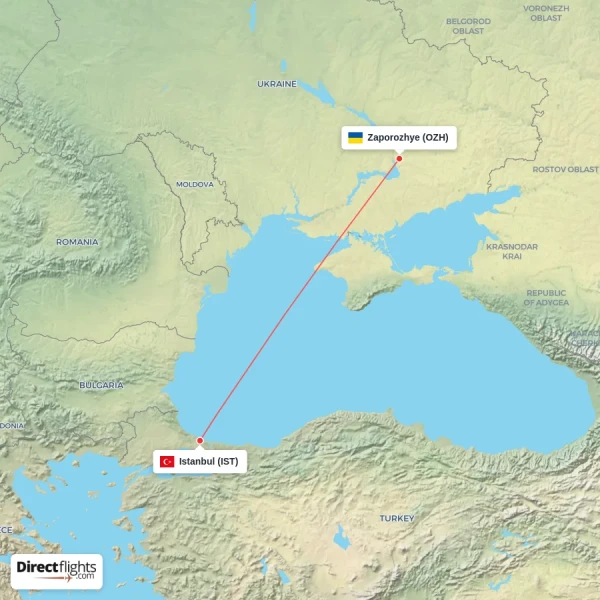 Zaporozhye - Istanbul direct flight map