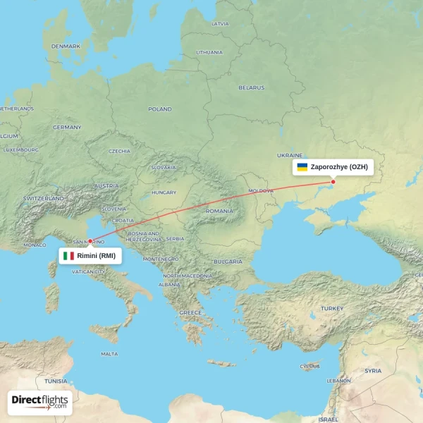Zaporozhye - Rimini direct flight map