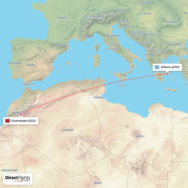 Ouarzazate - Athens direct flight map