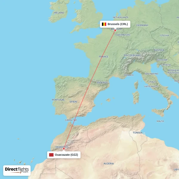 Ouarzazate - Brussels direct flight map