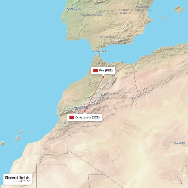 Ouarzazate - Fes direct flight map