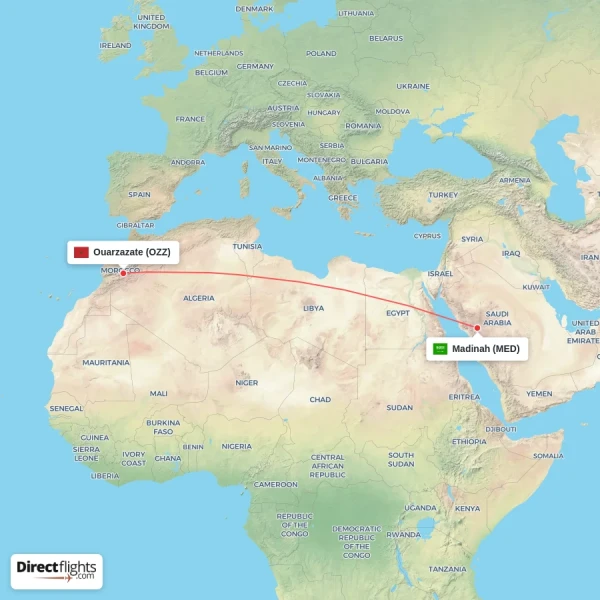 Ouarzazate - Madinah direct flight map