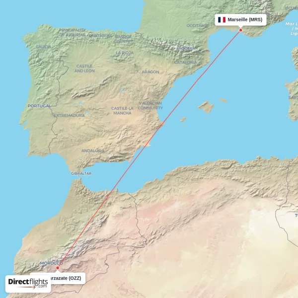 Ouarzazate - Marseille direct flight map