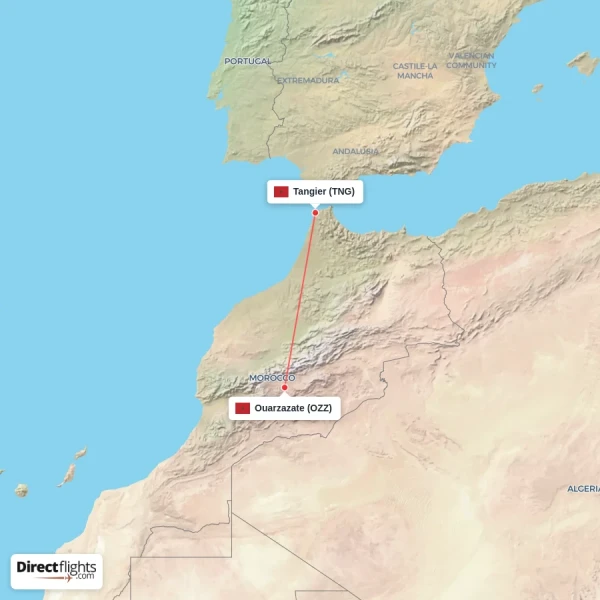 Ouarzazate - Tangier direct flight map