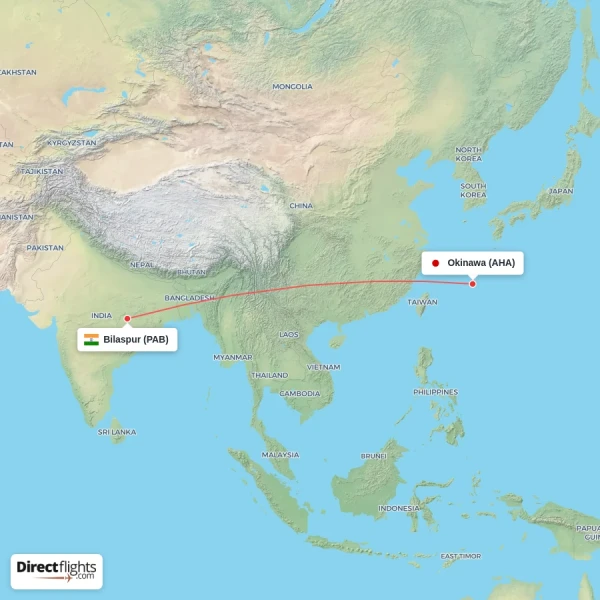 Bilaspur - Okinawa direct flight map