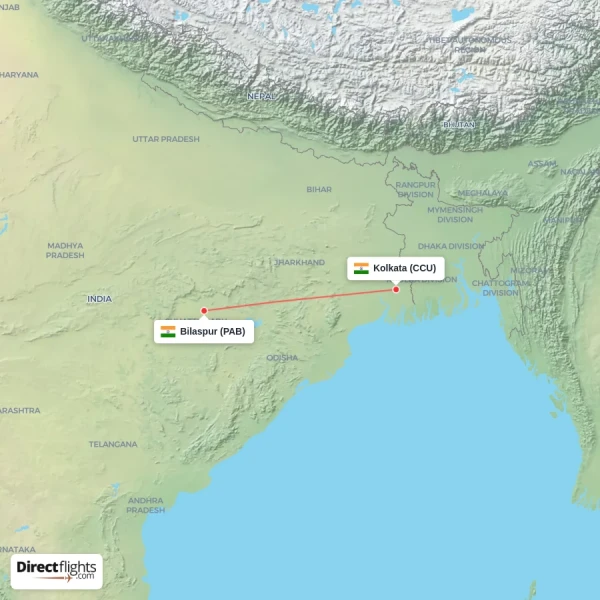 Bilaspur - Kolkata direct flight map