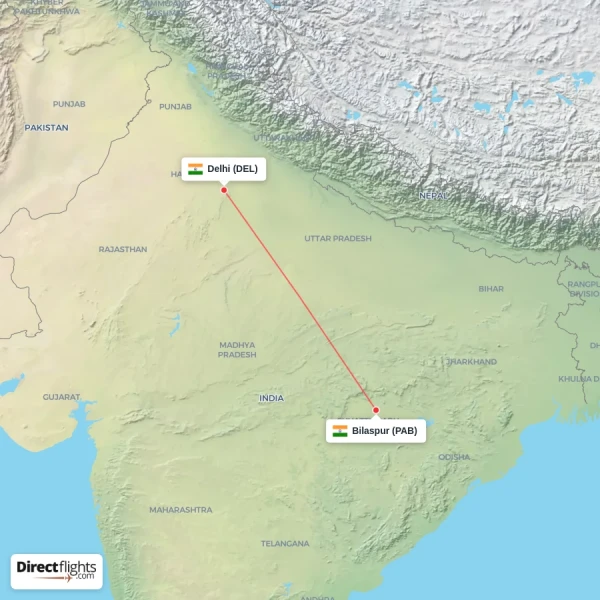 Bilaspur - Delhi direct flight map
