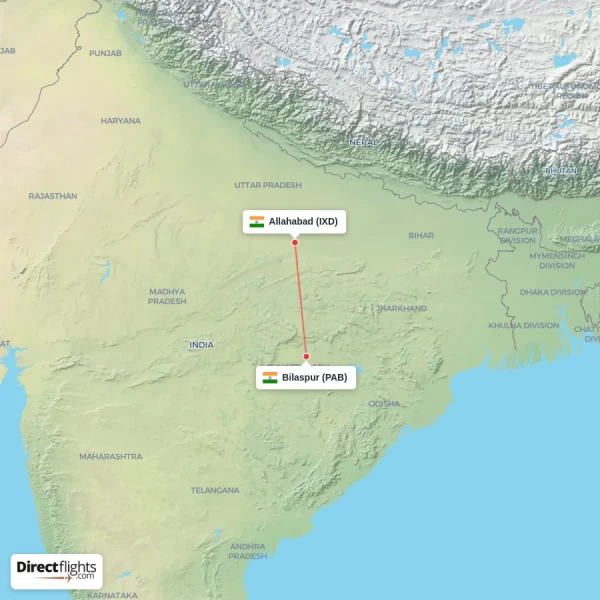 Bilaspur - Allahabad direct flight map