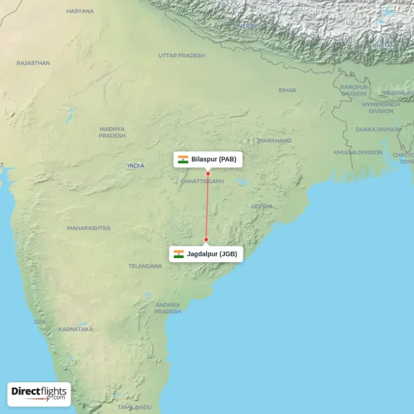 Bilaspur - Jagdalpur direct flight map