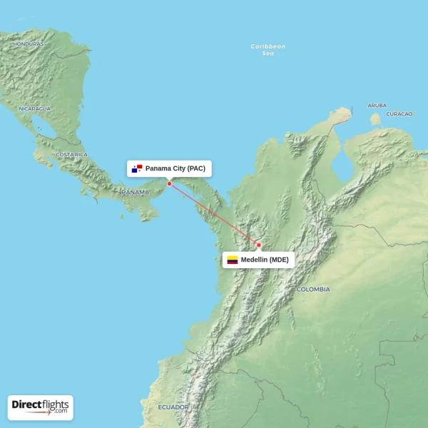 Panama City - Medellin direct flight map