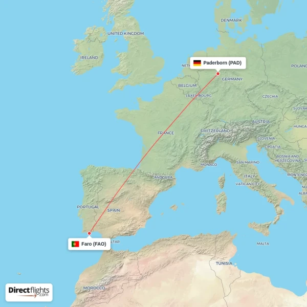 Paderborn - Faro direct flight map