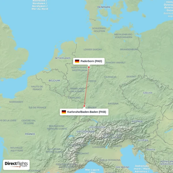 Paderborn - Karlsruhe/Baden-Baden direct flight map