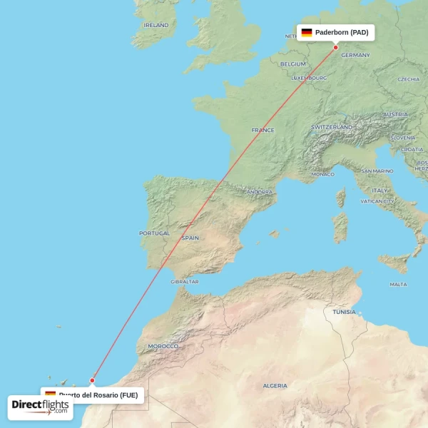 Paderborn - Puerto del Rosario direct flight map