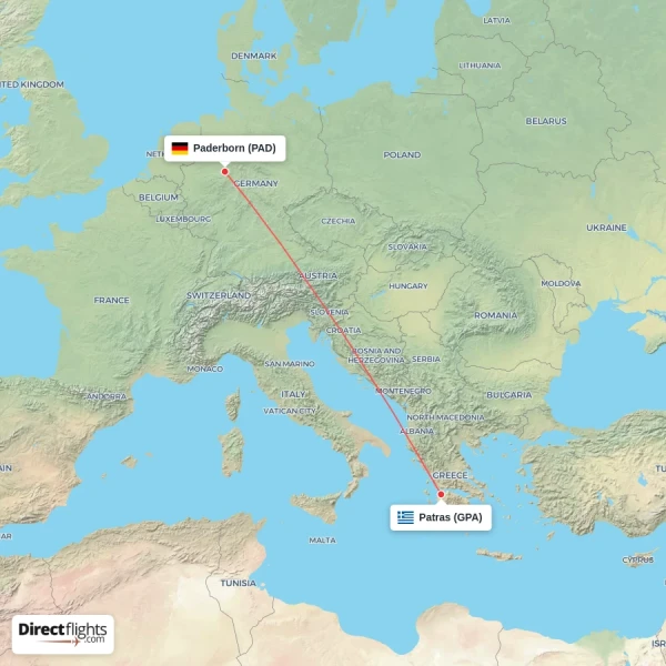 Paderborn - Patras direct flight map