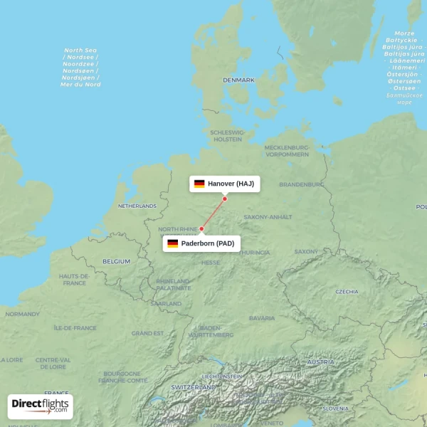 Paderborn - Hanover direct flight map