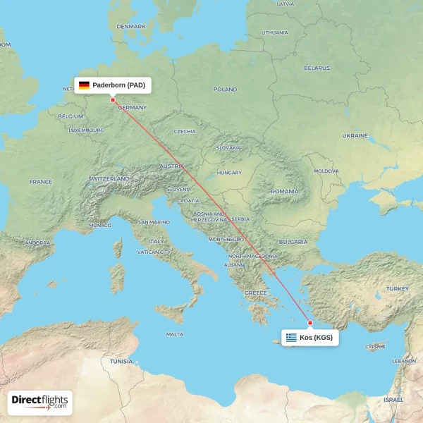 Paderborn - Kos direct flight map