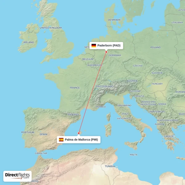 Paderborn - Palma de Mallorca direct flight map