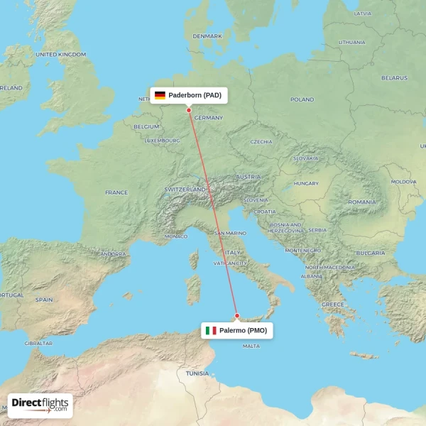 Paderborn - Palermo direct flight map