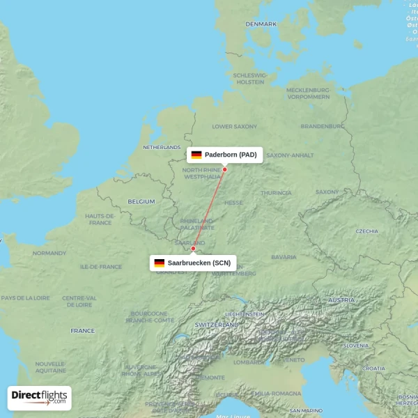 Paderborn - Saarbruecken direct flight map