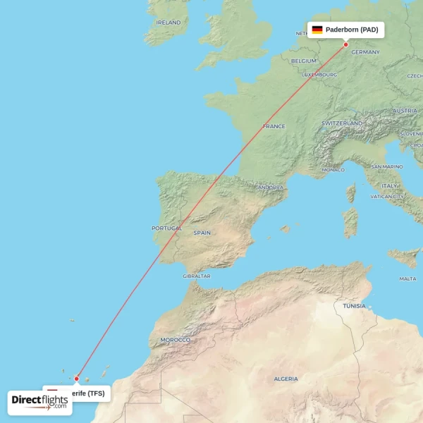 Paderborn - Tenerife direct flight map