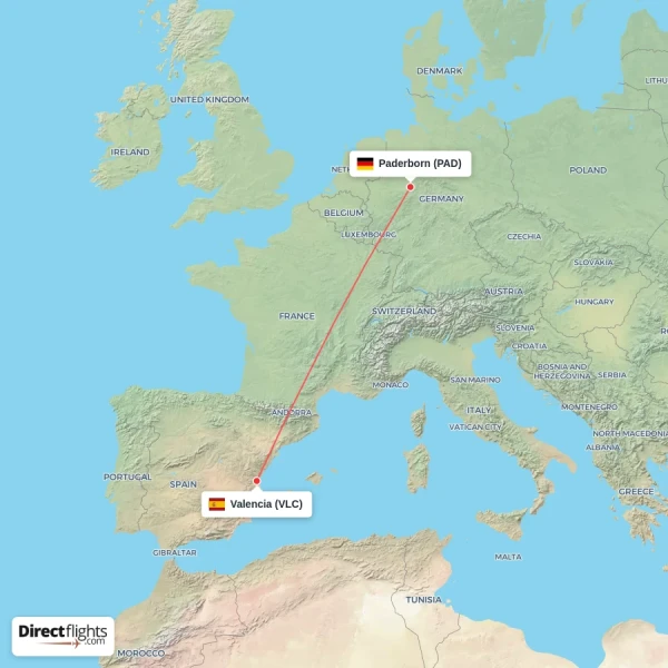 Paderborn - Valencia direct flight map