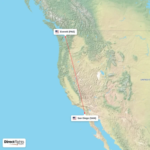 Everett - San Diego direct flight map