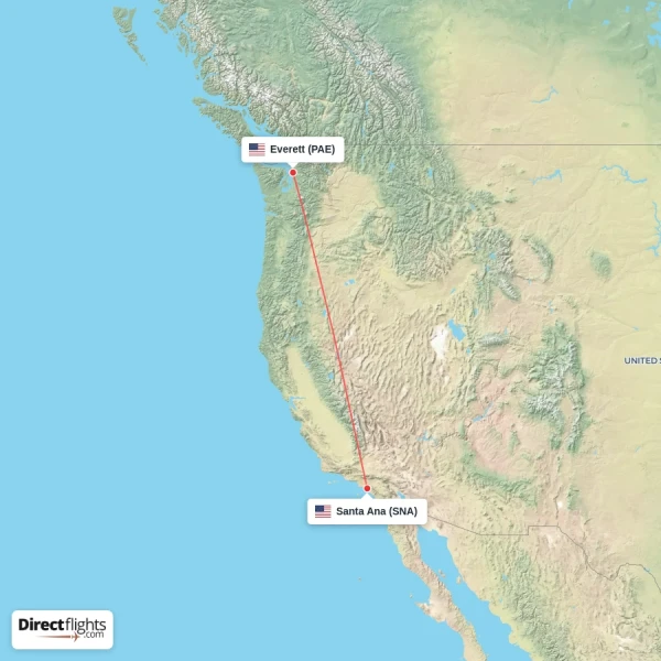 Everett - Santa Ana direct flight map