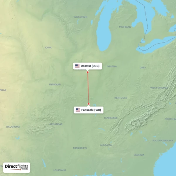 Paducah - Decatur direct flight map