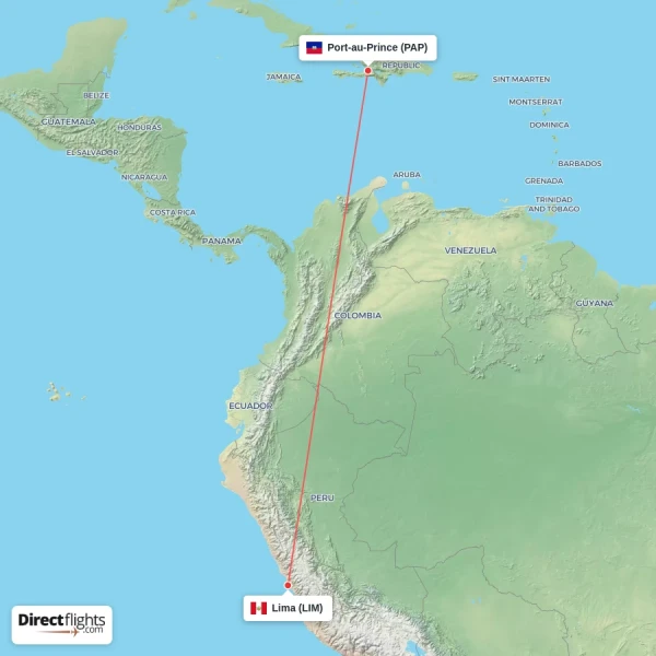 Port-au-Prince - Lima direct flight map
