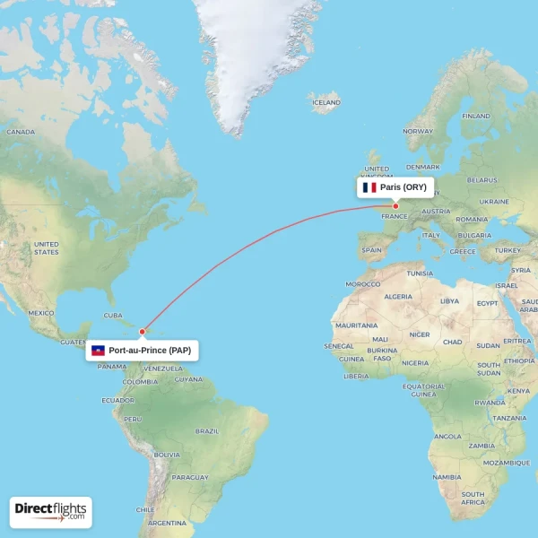 Port-au-Prince - Paris direct flight map