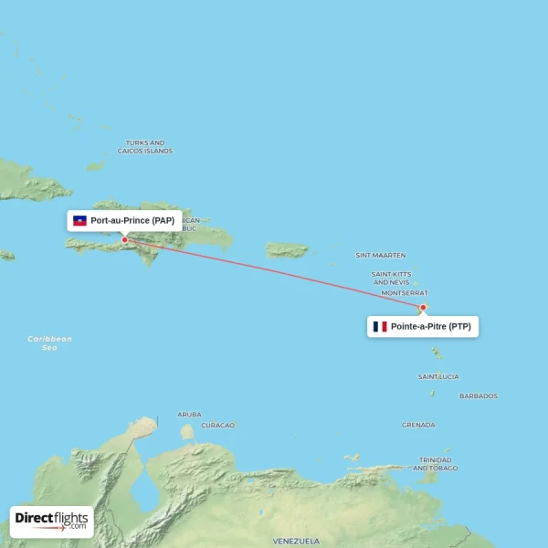 Port-au-Prince - Pointe-a-Pitre direct flight map
