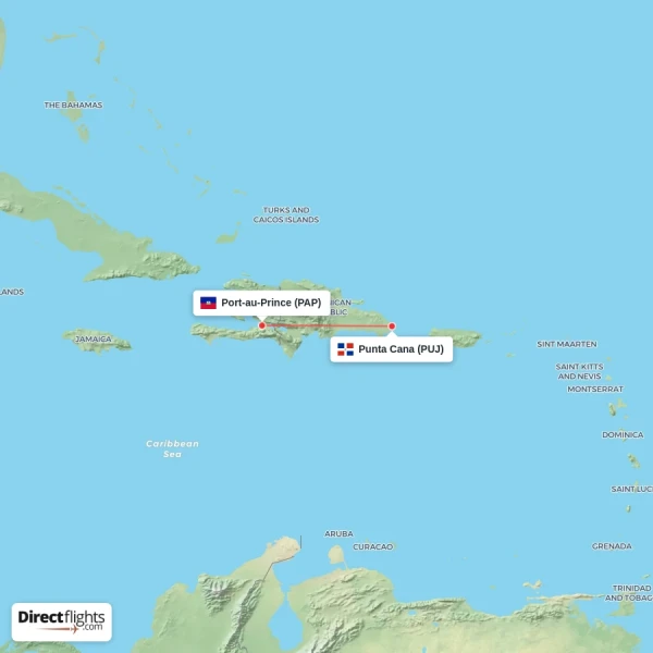 Port-au-Prince - Punta Cana direct flight map