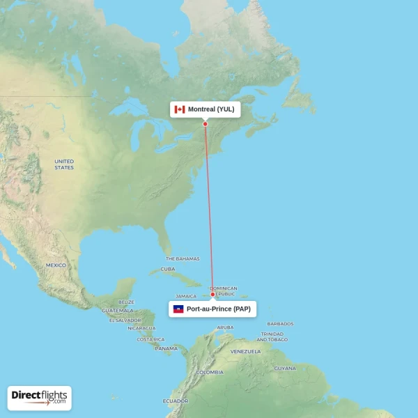 Port-au-Prince - Montreal direct flight map