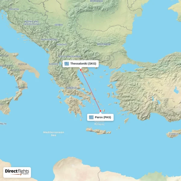 Paros - Thessaloniki direct flight map
