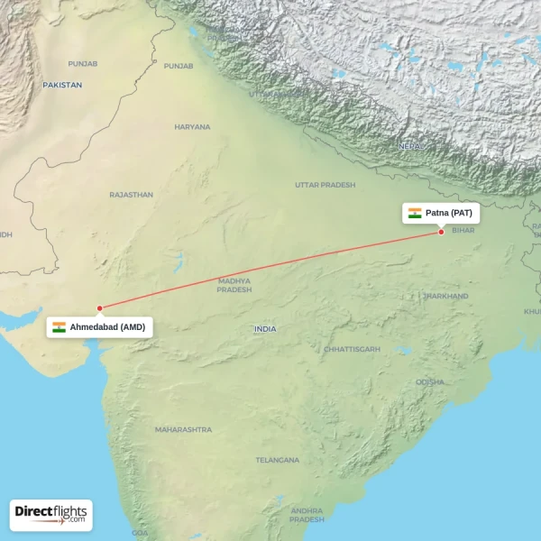 Patna - Ahmedabad direct flight map