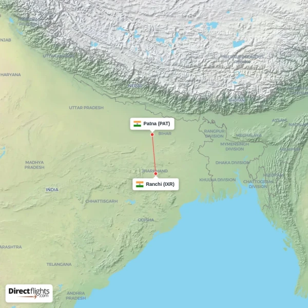 Patna - Ranchi direct flight map