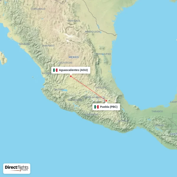 Puebla - Aguascalientes direct flight map