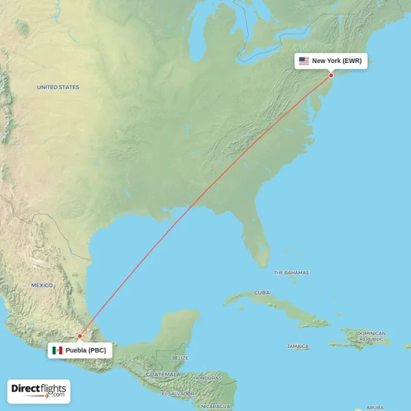 Puebla - New York direct flight map